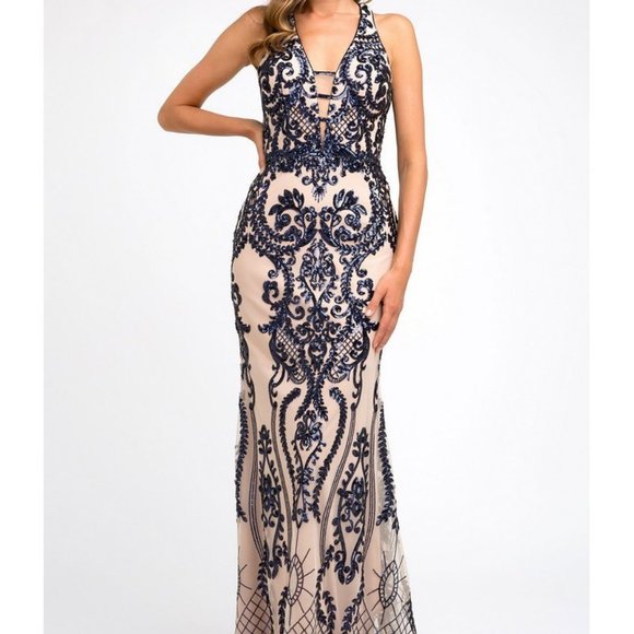 Sequined Open Back Prom Nude-Green Dress JT243 - Picture 5 of 5